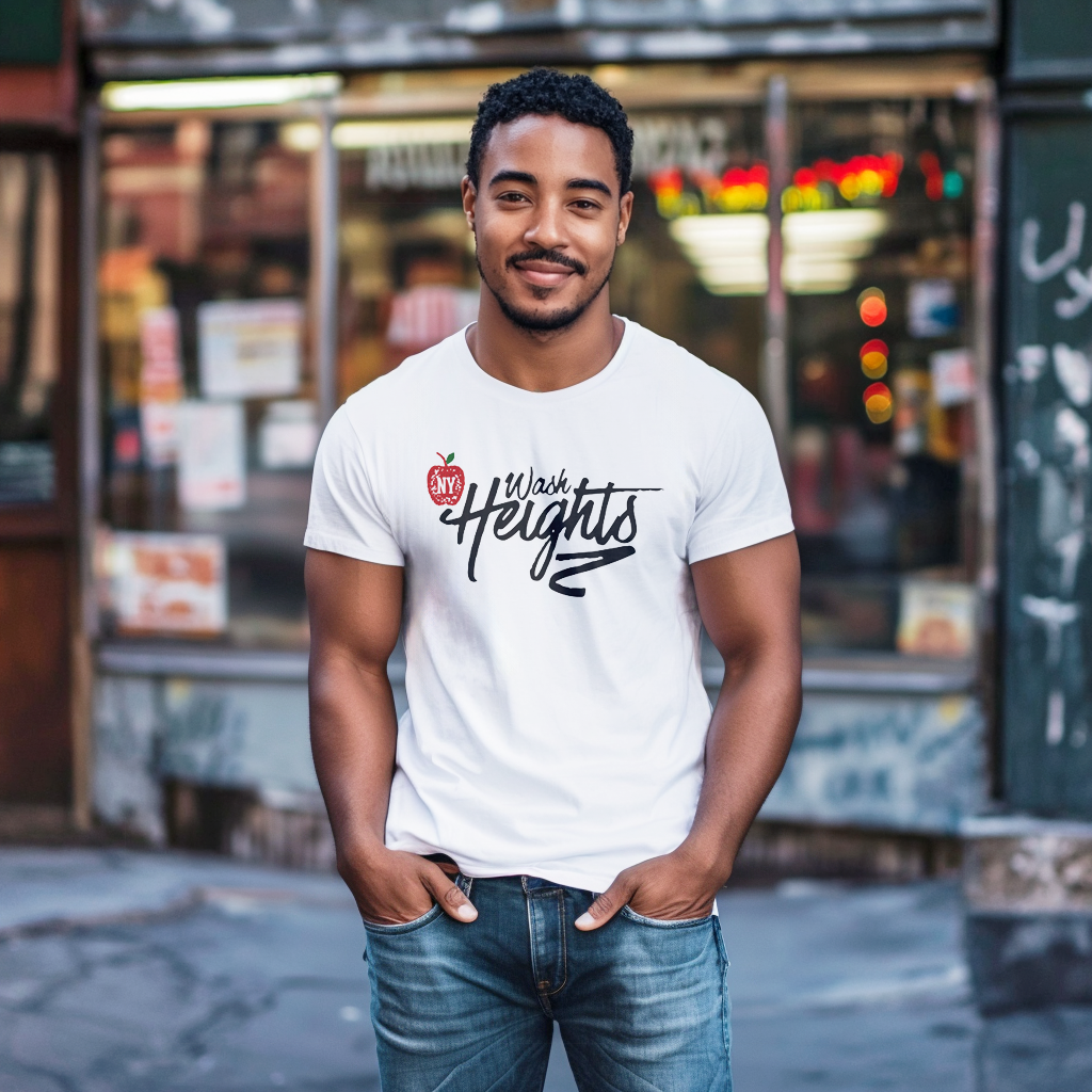 Good looking Dominican papi wearing a Bella Canvas 3001 graphic tshirt with a apple with the letters "NY" inside it, and hand written graffiti font with the words "Wash Heights" on the front