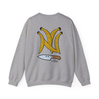 Thumbnail for Back of grey Gildan 18000 graphic crew neck sweatshirt with Platanos Shaped Like the New York Yankees Logo and 