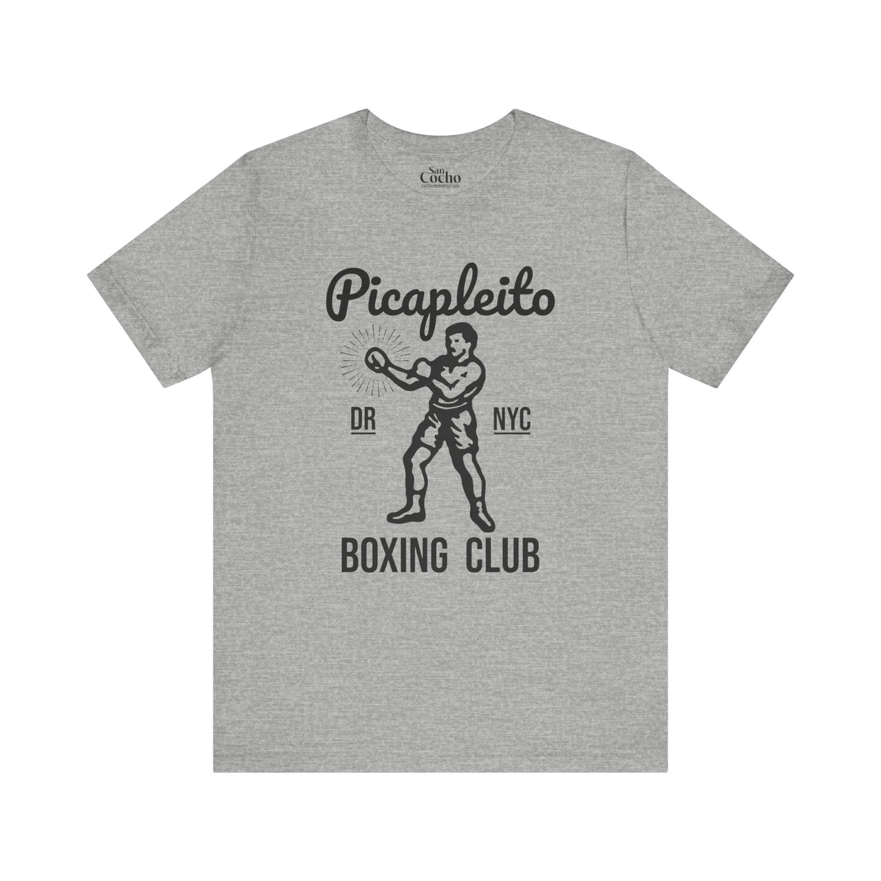 Gray Bella Canvas 3001 graphic tshirt with a vintage image of a guy in boxing gloves with the words "Picapleito DR NYC Boxing Club" on the front