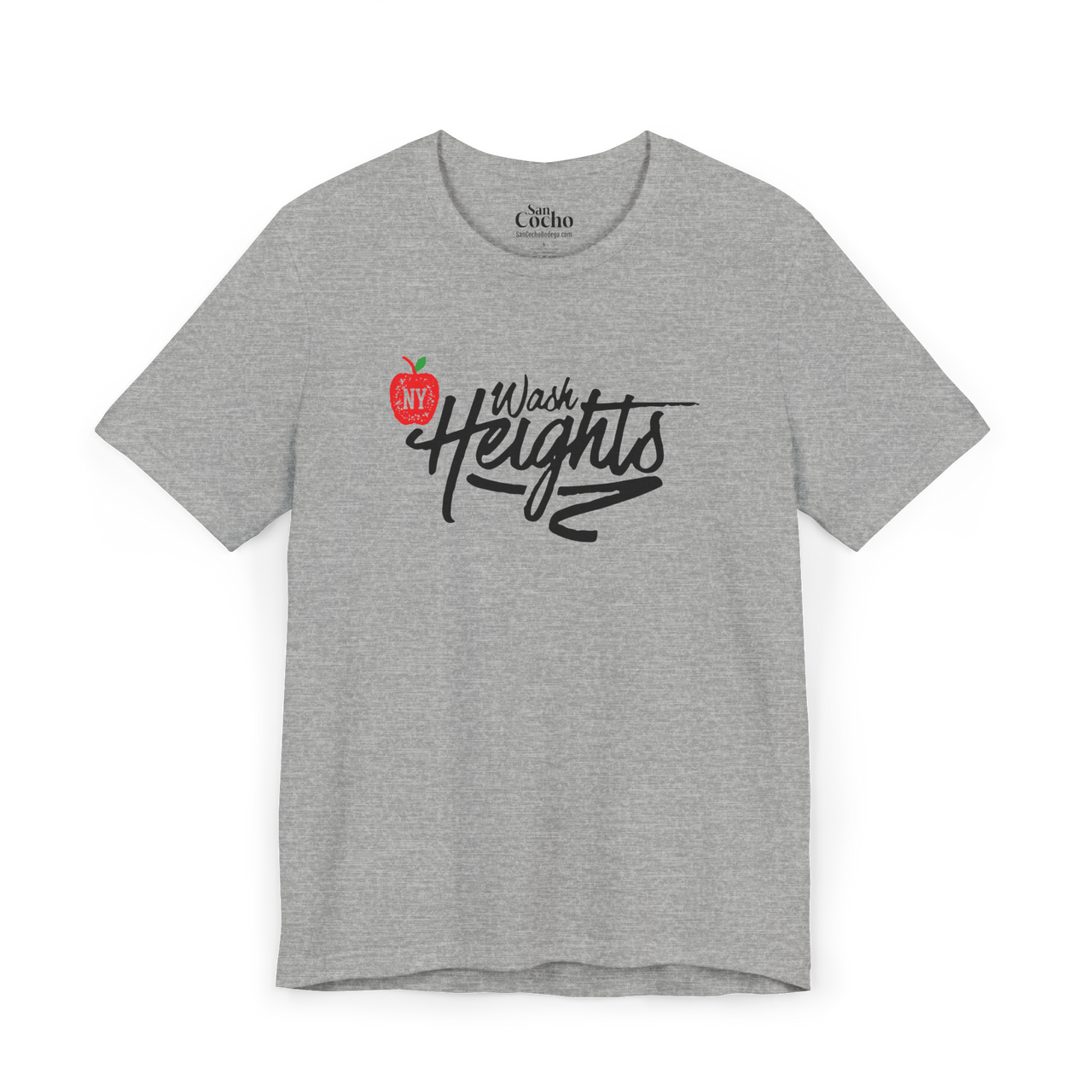 Grey Bella Canvas 3001 graphic tshirt with a apple with the letters "NY" inside it, and hand written graffiti font with the words "Wash Heights" on the front