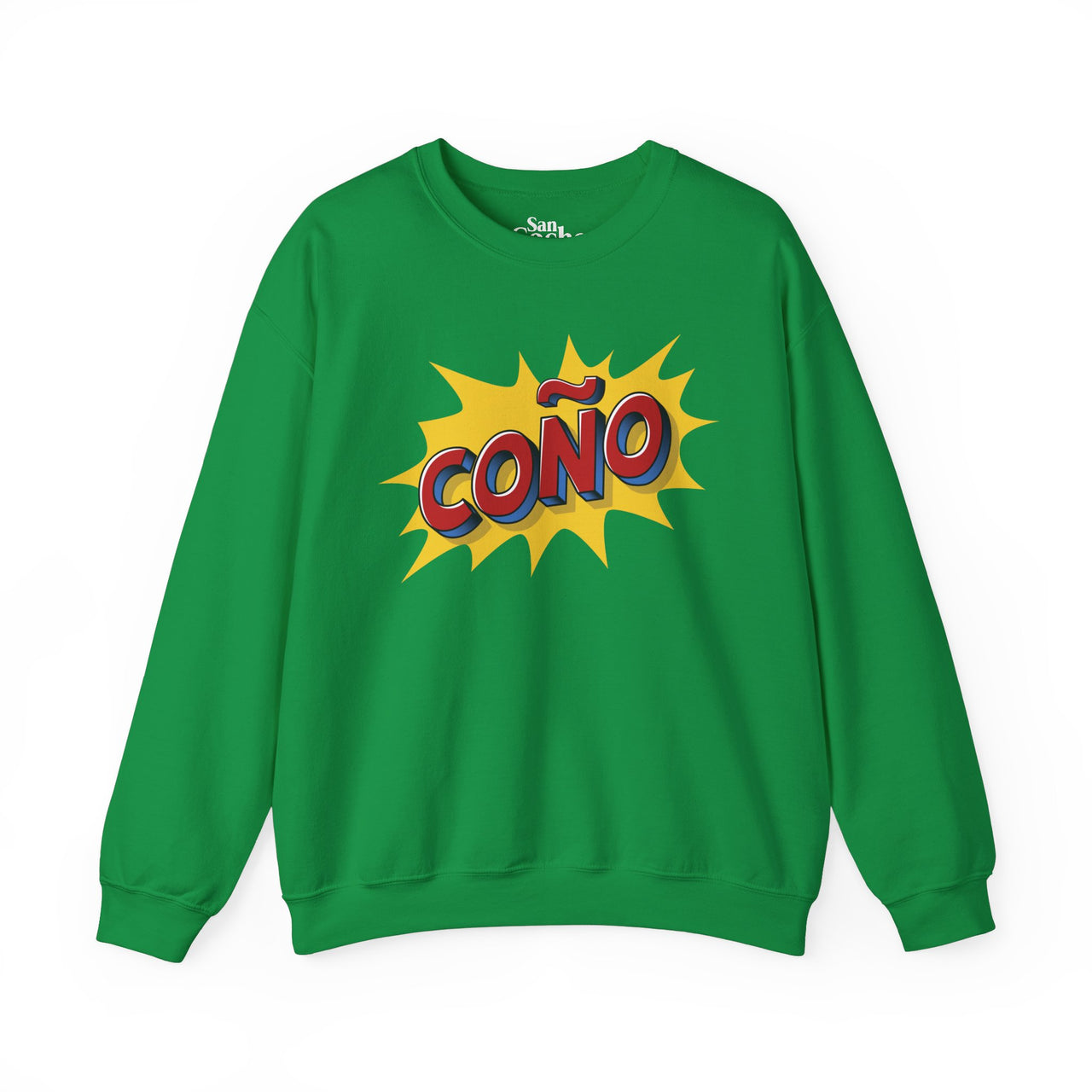 Green Gildan 18000 crew neck graphic sweatshirt in comic book style with the words "Coño" on the front