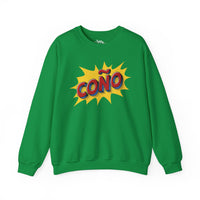 Thumbnail for Green Gildan 18000 crew neck graphic sweatshirt in comic book style with the words 