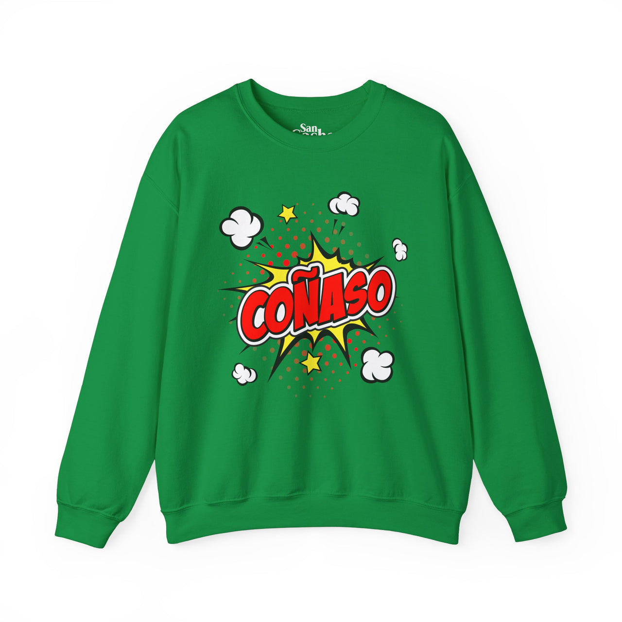 Green Gildan 18000 graphic crew neck sweatshirt comic book style with the words "Coñaso" on the front