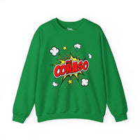 Thumbnail for Green Gildan 18000 graphic crew neck sweatshirt comic book style with the words 