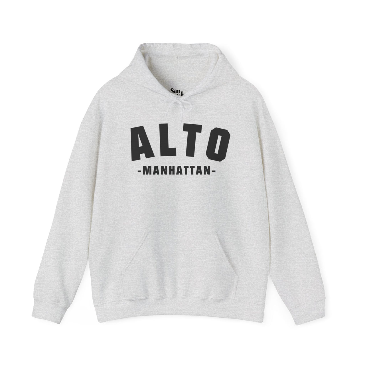 Gray Gildan 18500 graphic hoodie about Uptown  New York In a Vintage Collegiate font with the words "Alto Manhattan" on the front