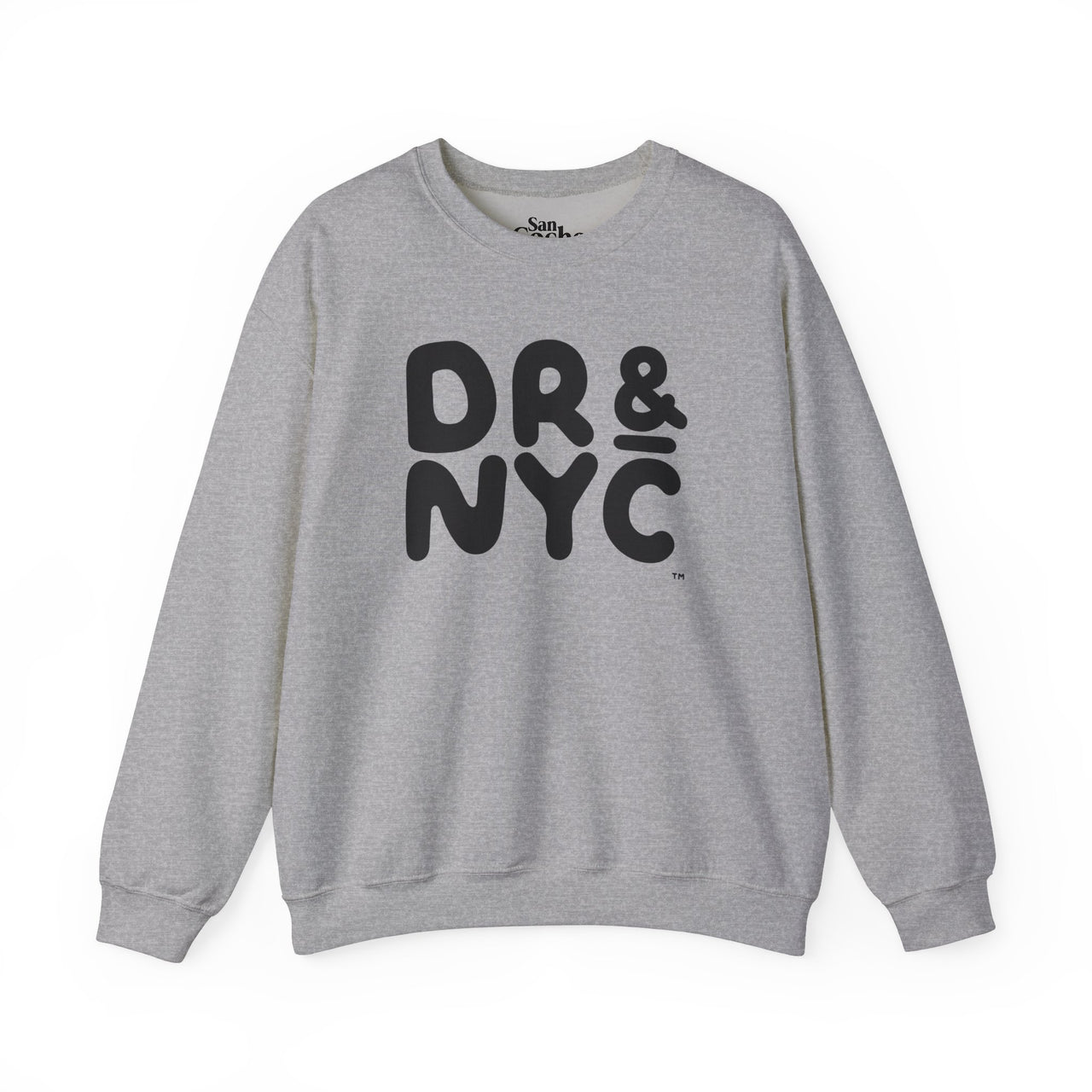 Gray Gildan 18000 graphic crew neck sweatshirt with the letters "DR & NYC" representing the Dominican Republic and New York City on the front