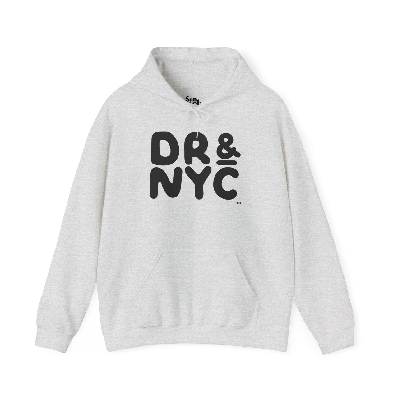 Gray Gildan 18500 graphic hoodie with the letters "DR & NYC" on the front