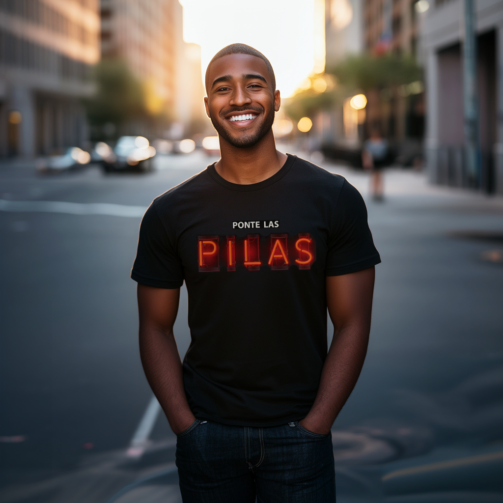 Handsome Dominican man wearing an oversized Bella Canvas 3001 graphic tshirt expressing the sentiment "work harder" or "turn up" with the words "Ponte Las Pilas" on the front