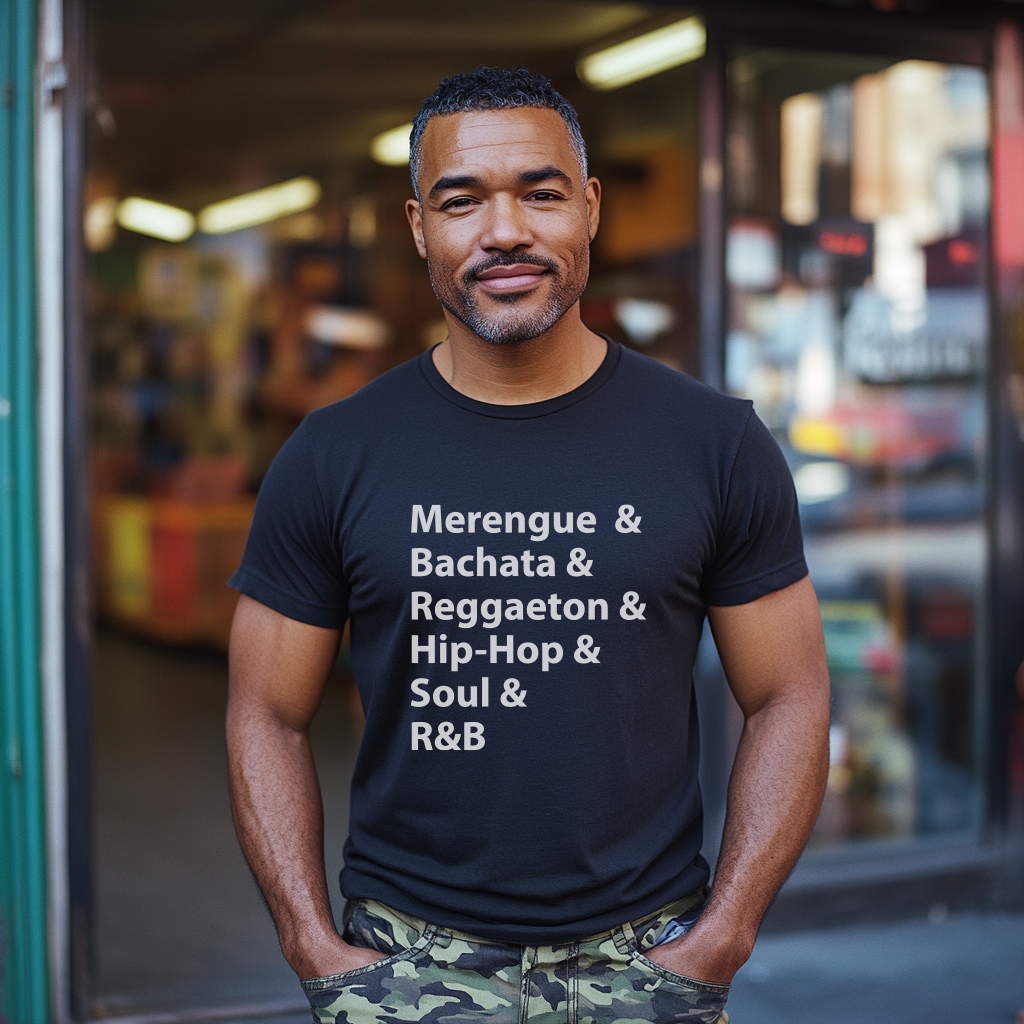 Handsome Dominican papi smiling wearing a Bella Canvas 3001 graphic tshirt about afro latino music with the words "Merenge & Bachata & Reggaeton & Hip-Hop & Soul & R&B" on the front