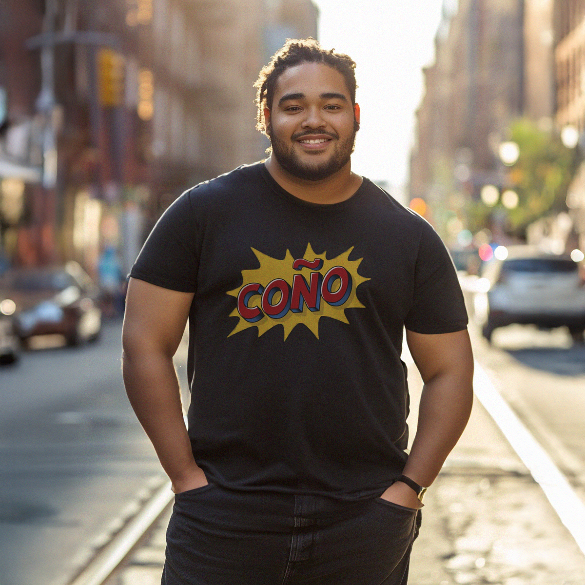 Handsome Dominican plus sized papi smiling wearing a Bella Canvas 3001 graphic tshirt in comic book style with the words "Coño" on the front