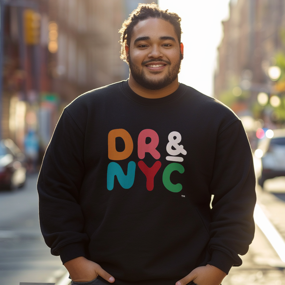 Good looking Dominican plus size papi wearing a Gildan 18000 graphic crew neck sweatshirt with the letters "DR & NYC" representing the Dominican Republic and New York City on the front