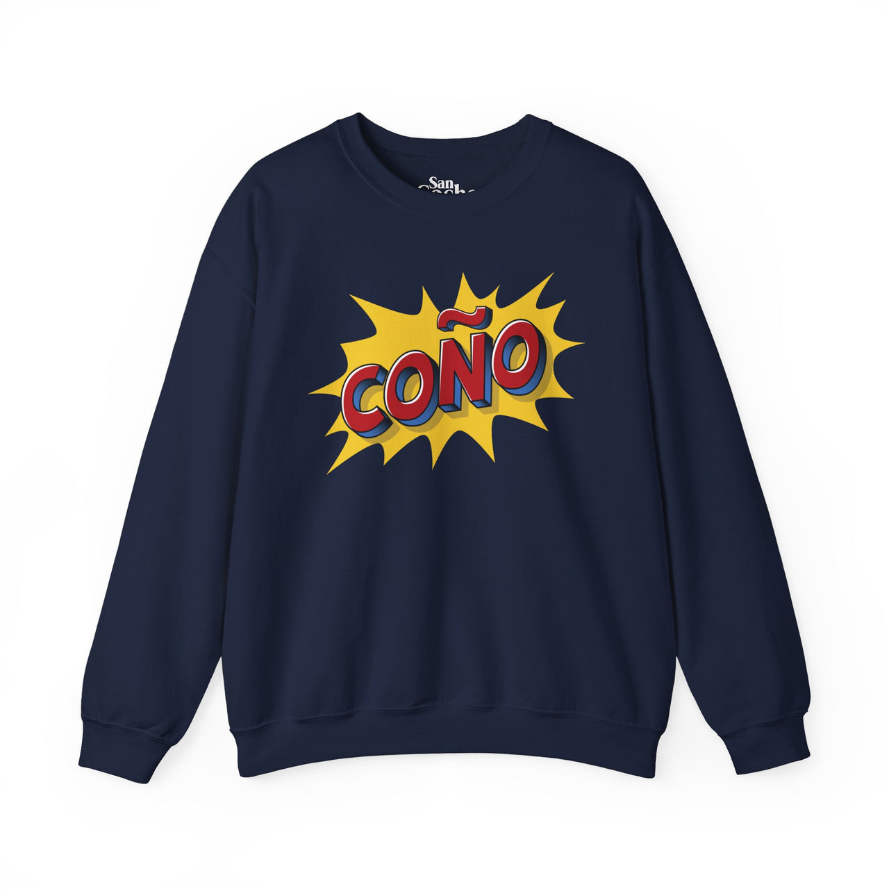 Navy Gildan 18000 crew neck graphic sweatshirt in comic book style with the words "Coño" on the front