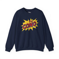 Thumbnail for Navy Gildan 18000 crew neck graphic sweatshirt in comic book style with the words 