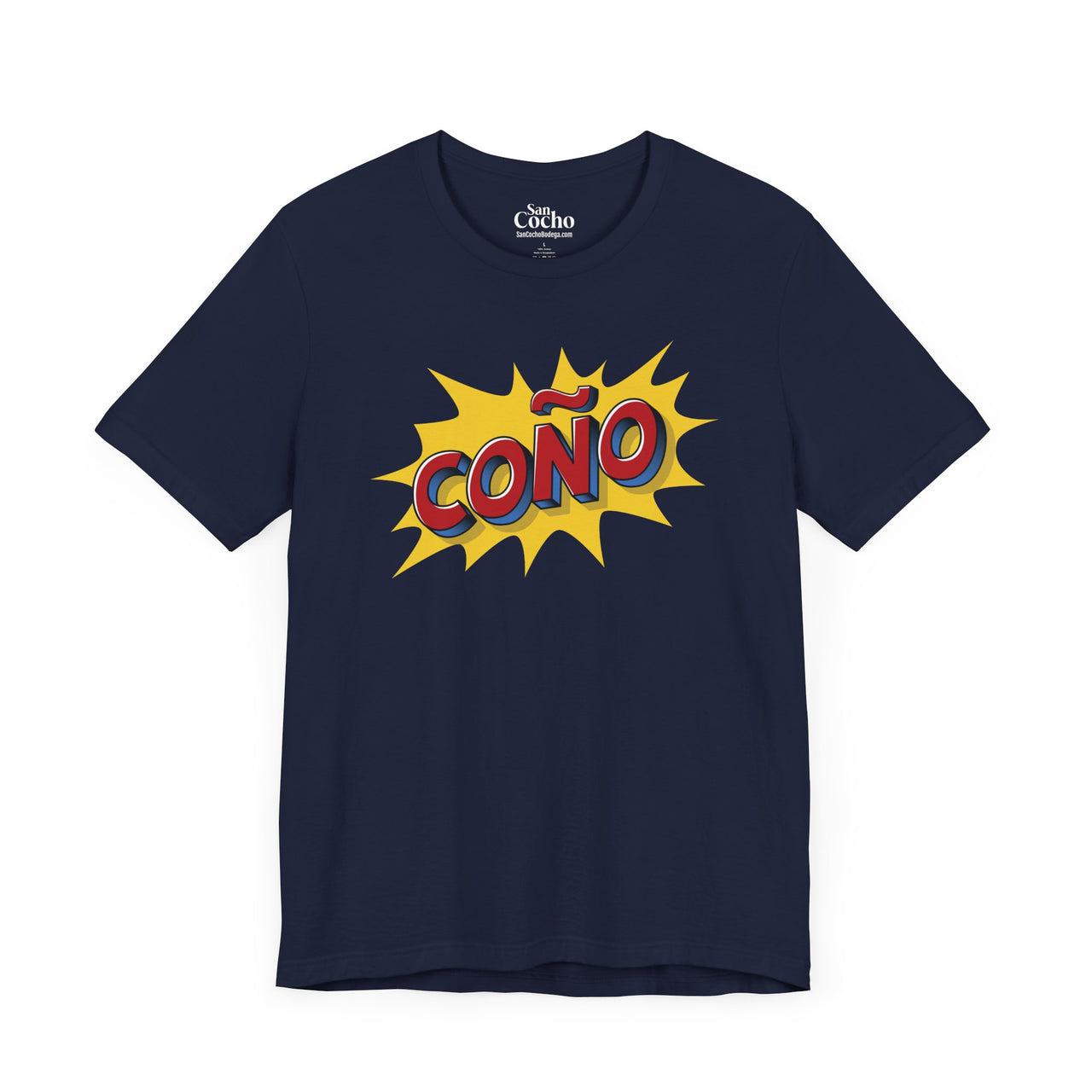 A navy color flat lay mockup of a graphic Bella Canvas 3001 graphic tshirt in comic book style with the words "Coño" on the front