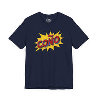 Thumbnail for A navy color flat lay mockup of a graphic Bella Canvas 3001 graphic tshirt in comic book style with the words 