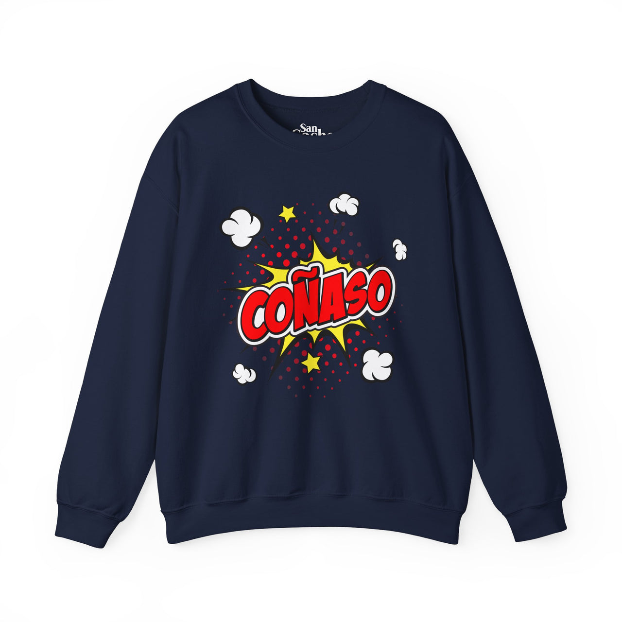 Navy Gildan 18000 graphic crew neck sweatshirt comic book style with the words "Coñaso" on the front