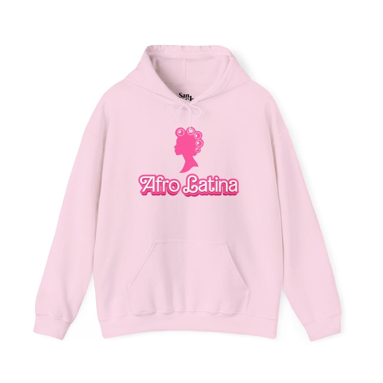 Pink Gildan 18500 graphic hoodie with a Barbie con Rollos graphic and the words "Afro Latina" on the front