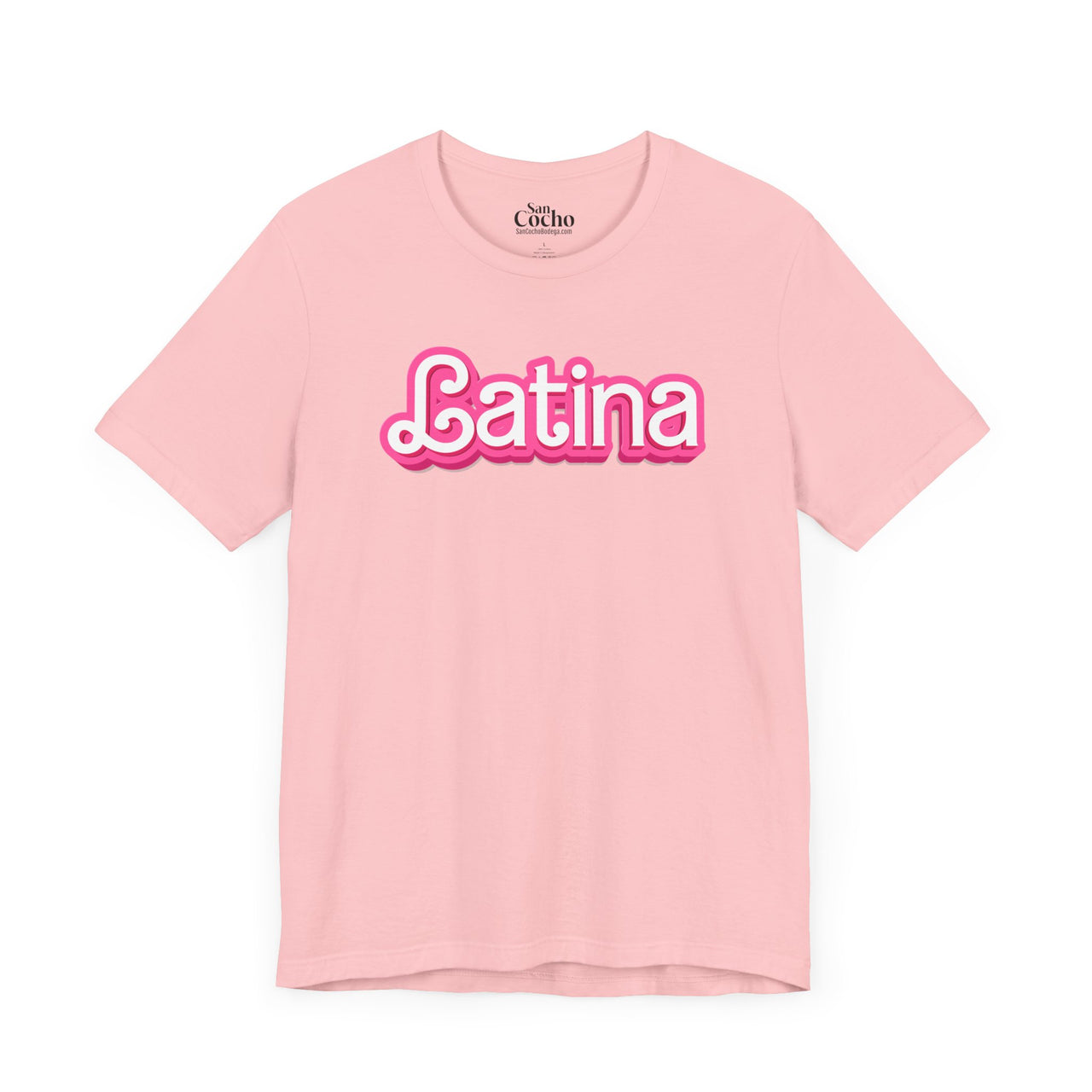 A pink flat lay mockup of a graphic  Bella Canvas 3001 graphic tshirt with the words "Latina" in a barbie font on the front