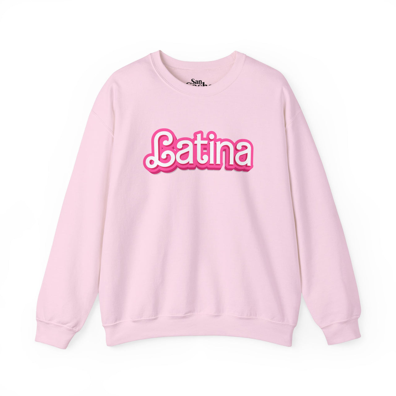 Pink Gildan 18000 graphic crew neck sweatshirt with the words "Latina" on the front in a Barbie font