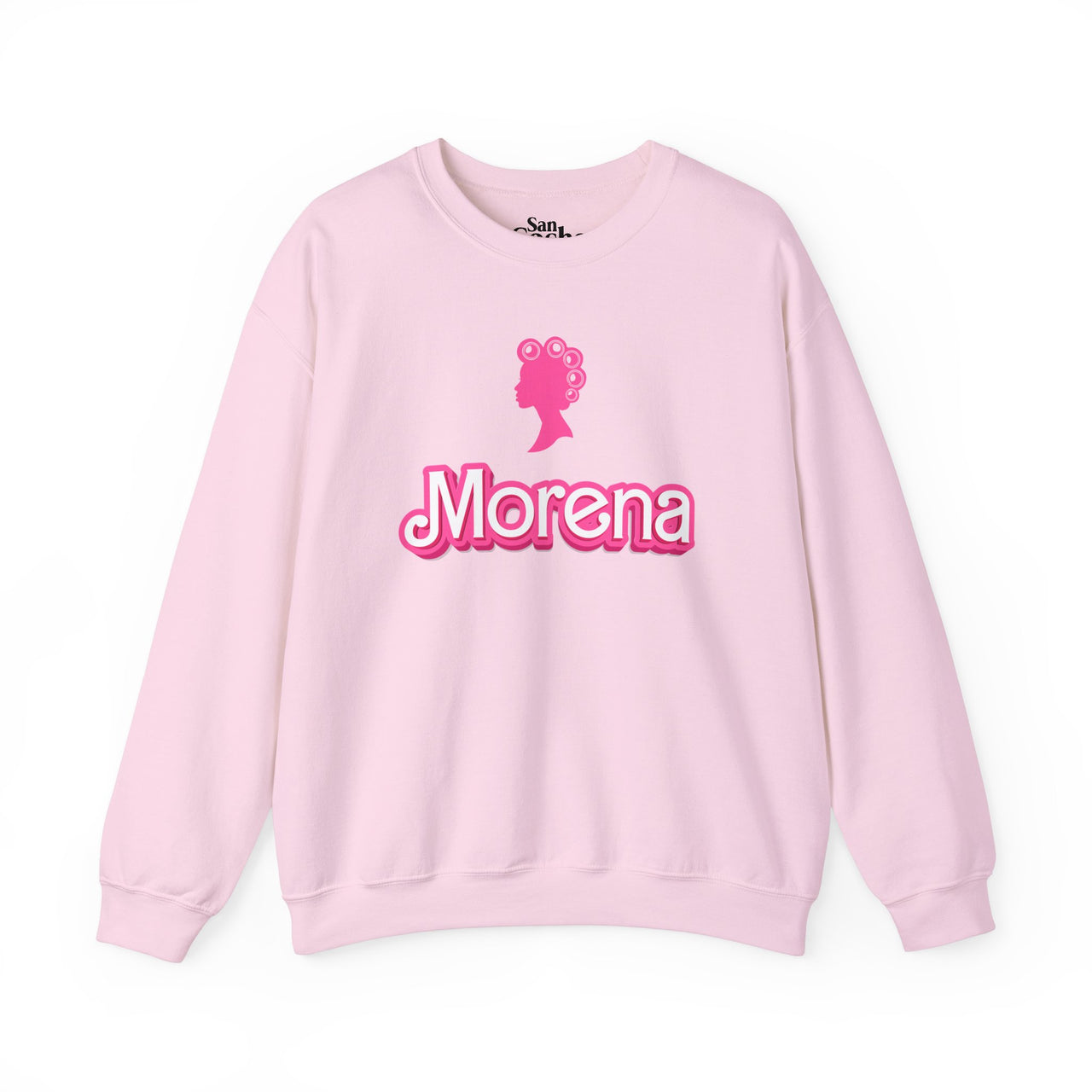 Pink Gildan 18000 graphic crew neck sweatshirt with a Barbie con Rollos graphic and the words "Morena" on the front