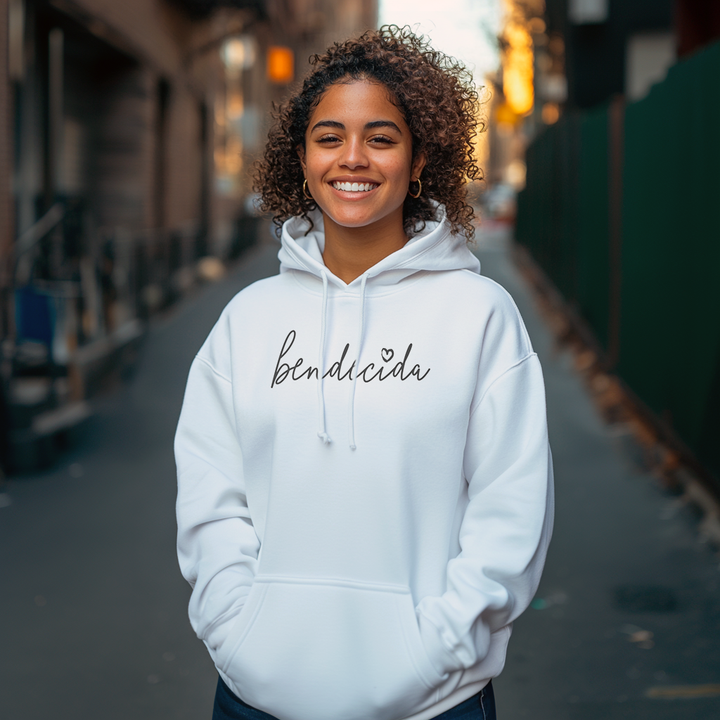 Beautiful Dominican woman smiling wearing an oversized Gildan 18500 graphic hoodie with the words "Bendecida" or in English blessed on the front