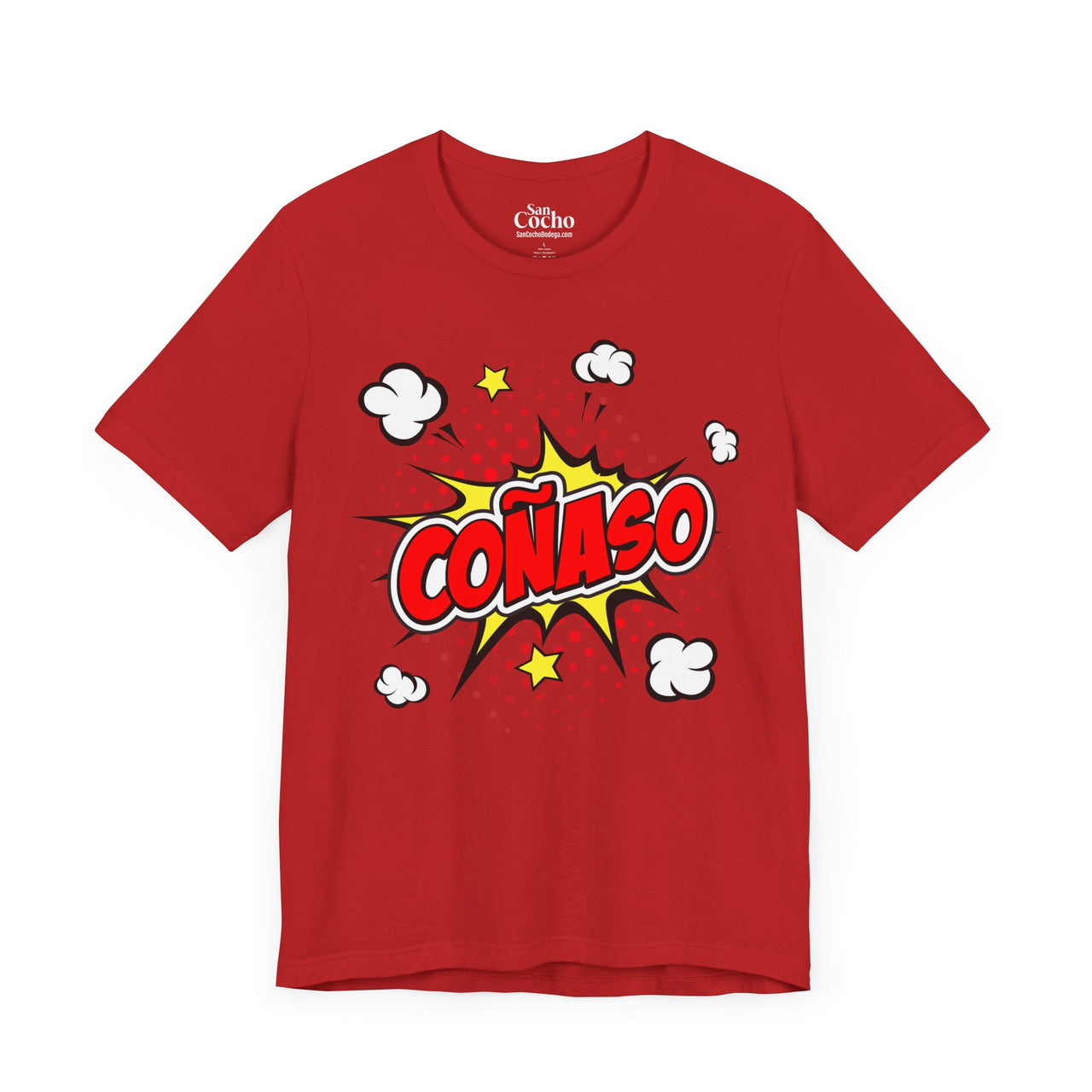 A red flat lay mockup of a graphic Bella Canvas 3001 graphic tshirt comic book style with the words "Coñaso" on the front