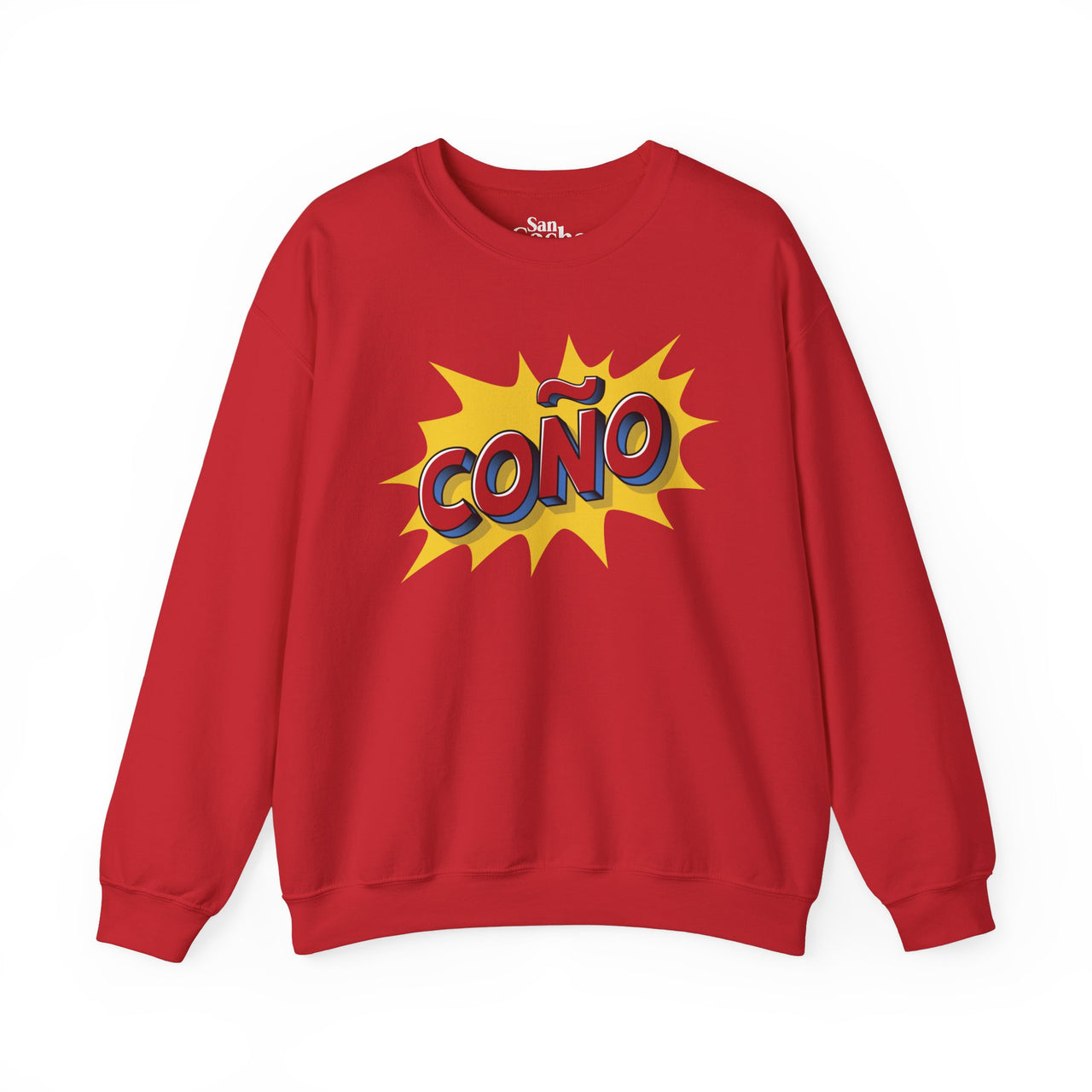 Red Gildan 18000 crew neck graphic sweatshirt in comic book style with the words "Coño" on the front