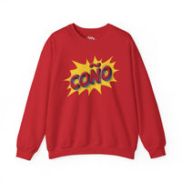 Thumbnail for Red Gildan 18000 crew neck graphic sweatshirt in comic book style with the words 