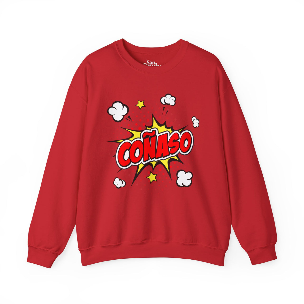 Red Gildan 18000 graphic crew neck sweatshirt comic book style with the words "Coñaso" on the front