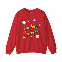 Thumbnail for Red Gildan 18000 graphic crew neck sweatshirt comic book style with the words 