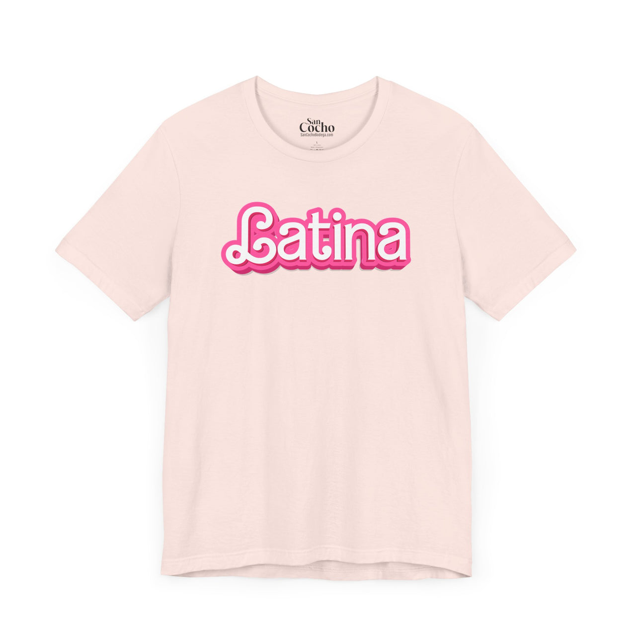 A soft pink flat lay mockup of a graphic  Bella Canvas 3001 graphic tshirt with the words "Latina" in a barbie font on the front