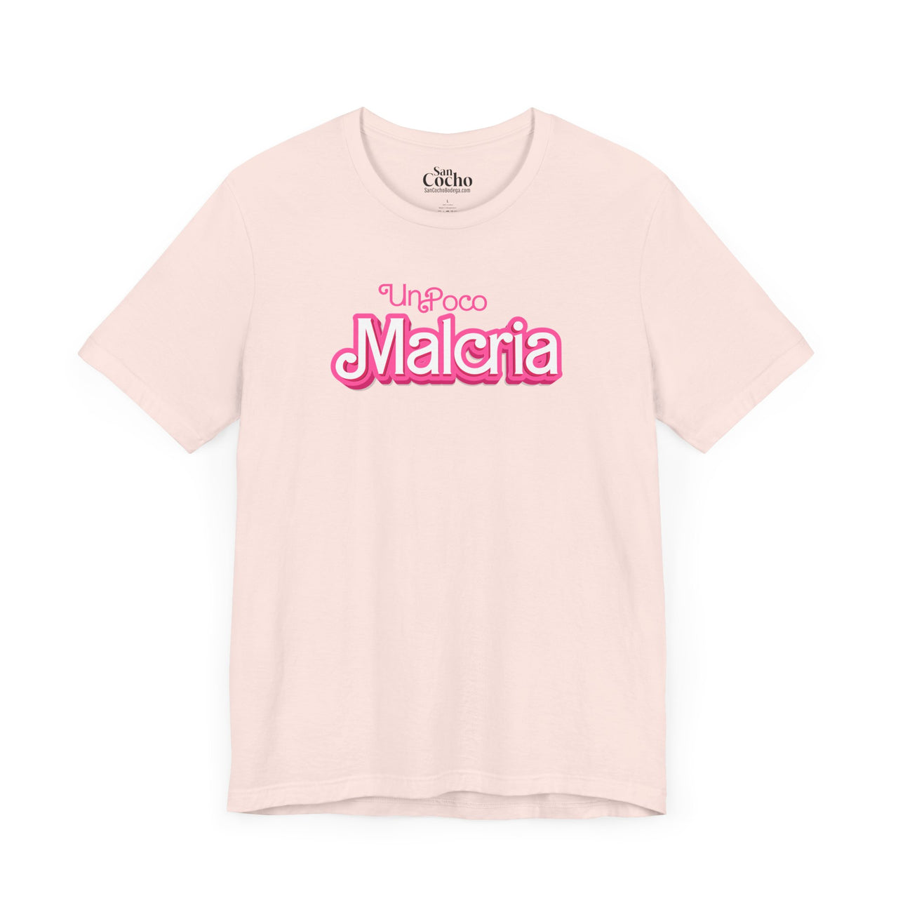 A soft pink flat lay mockup of a Bella Canvas 3001 graphic tshirt with the words "Un Poco Malcria" in a barbie font on the front