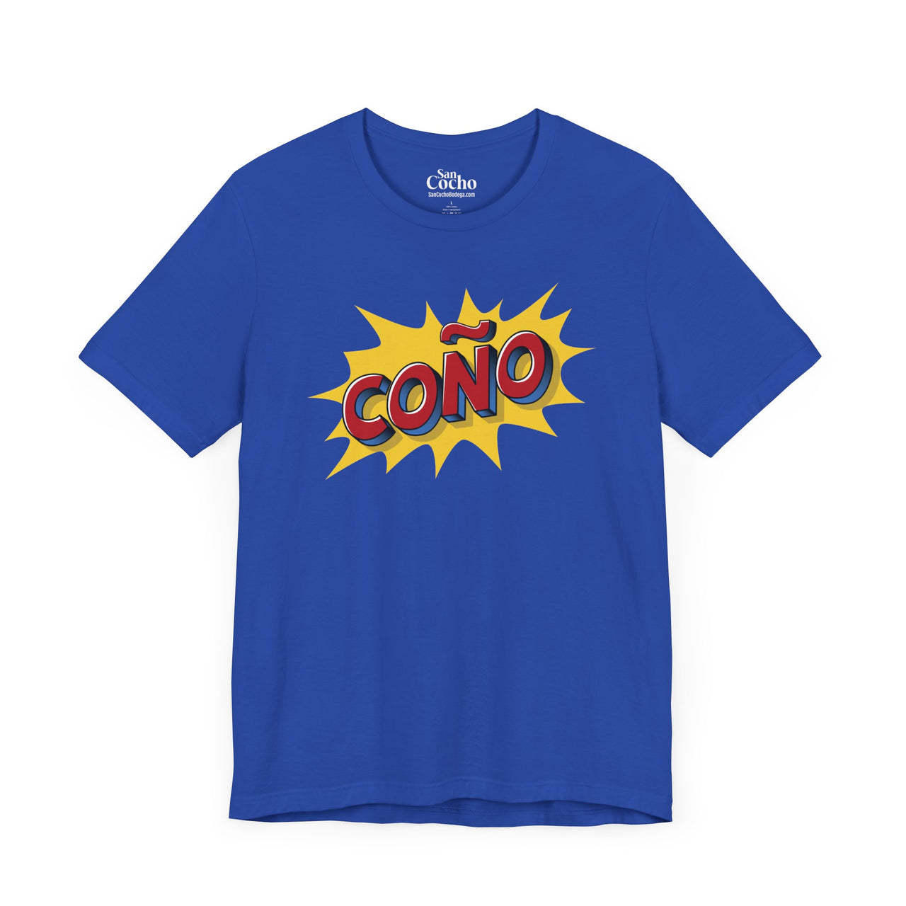 A true royal flat lay mockup of a graphic Bella Canvas 3001 graphic tshirt in comic book style with the words "Coño" on the front