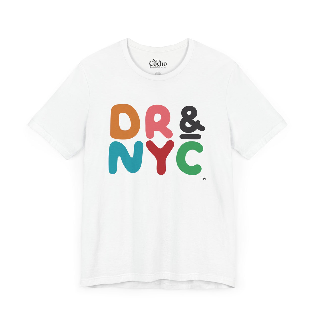 A white flat lay mockup of a graphic Bella Canvas 3001 graphic tshirt with the words "DR & NYC" on the front