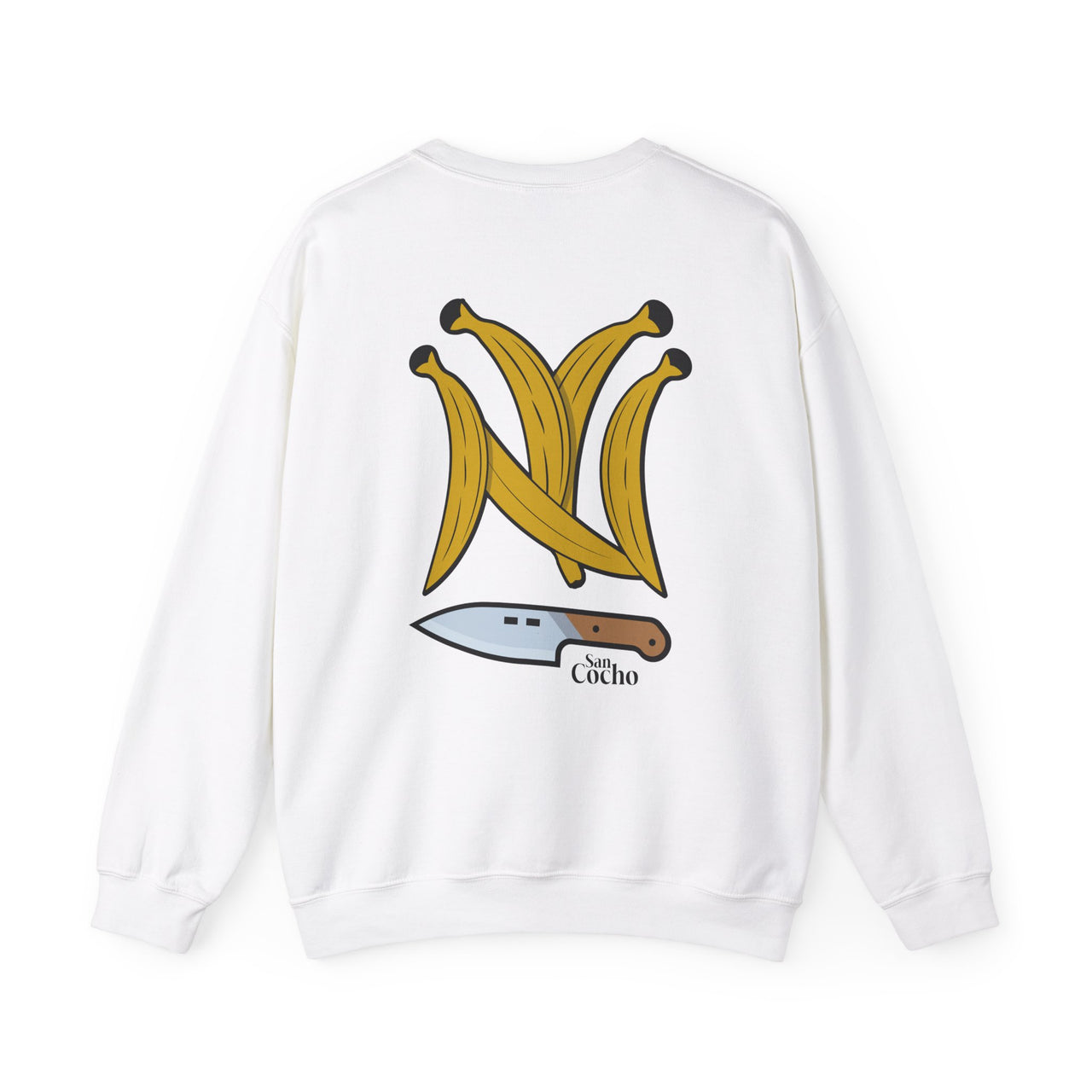 Back of white Gildan 18000 graphic crew neck sweatshirt with Platanos Shaped Like the New York Yankees Logo and "SanCocho Bodega" Text on the back