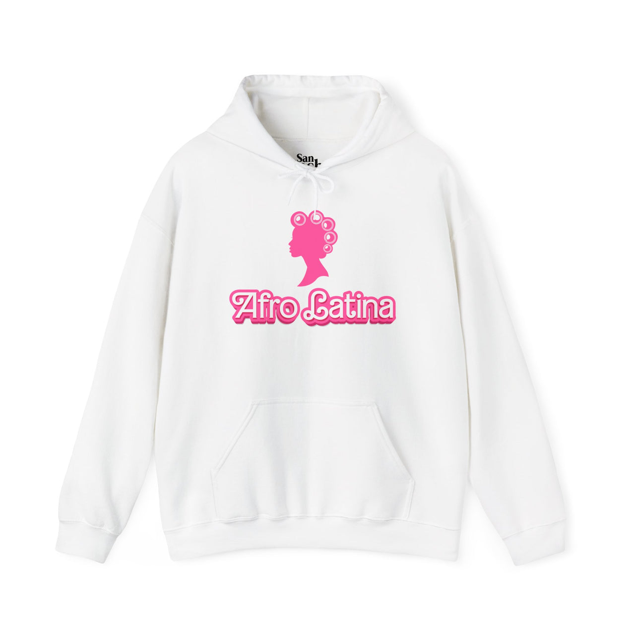 White Gildan 18500 graphic hoodie with a Barbie con Rollos graphic and the words "Afro Latina" on the front