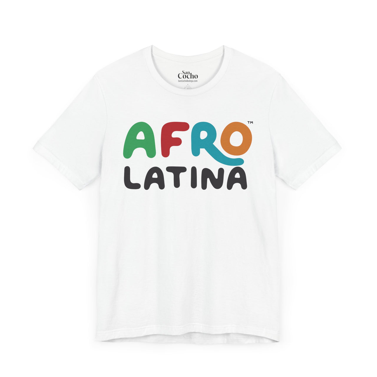 A white oversized Bella Canvas 3001 graphic tshirt with the words "Afro Latina" on the front