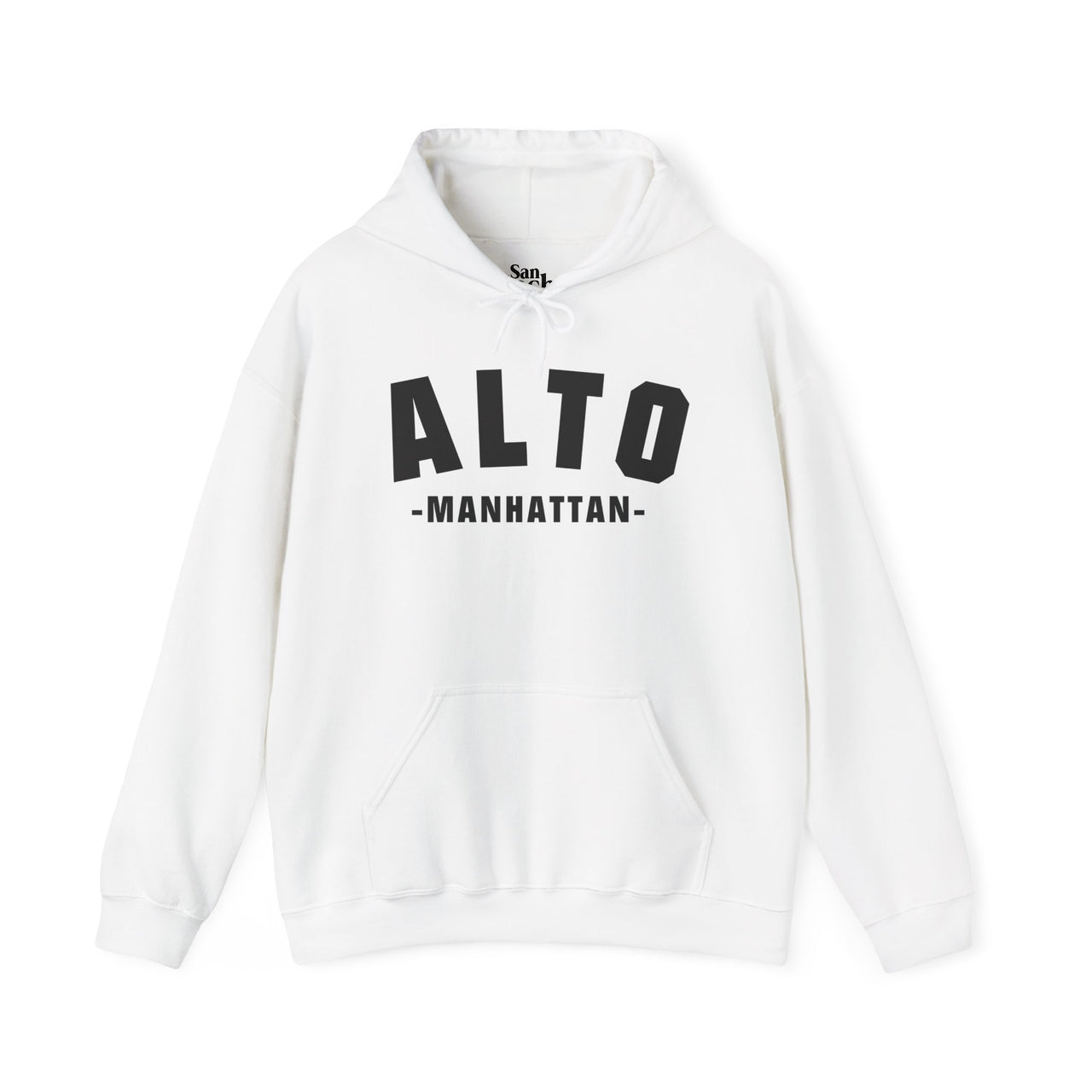 White Gildan 18500 graphic hoodie about Uptown  New York In a Vintage Collegiate font with the words "Alto Manhattan" on the front