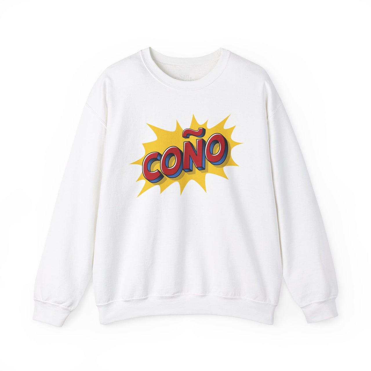 White Gildan 18000 crew neck graphic sweatshirt in comic book style with the words "Coño" on the front