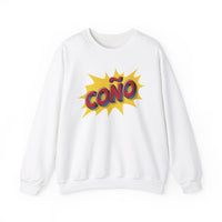 Thumbnail for White Gildan 18000 crew neck graphic sweatshirt in comic book style with the words 