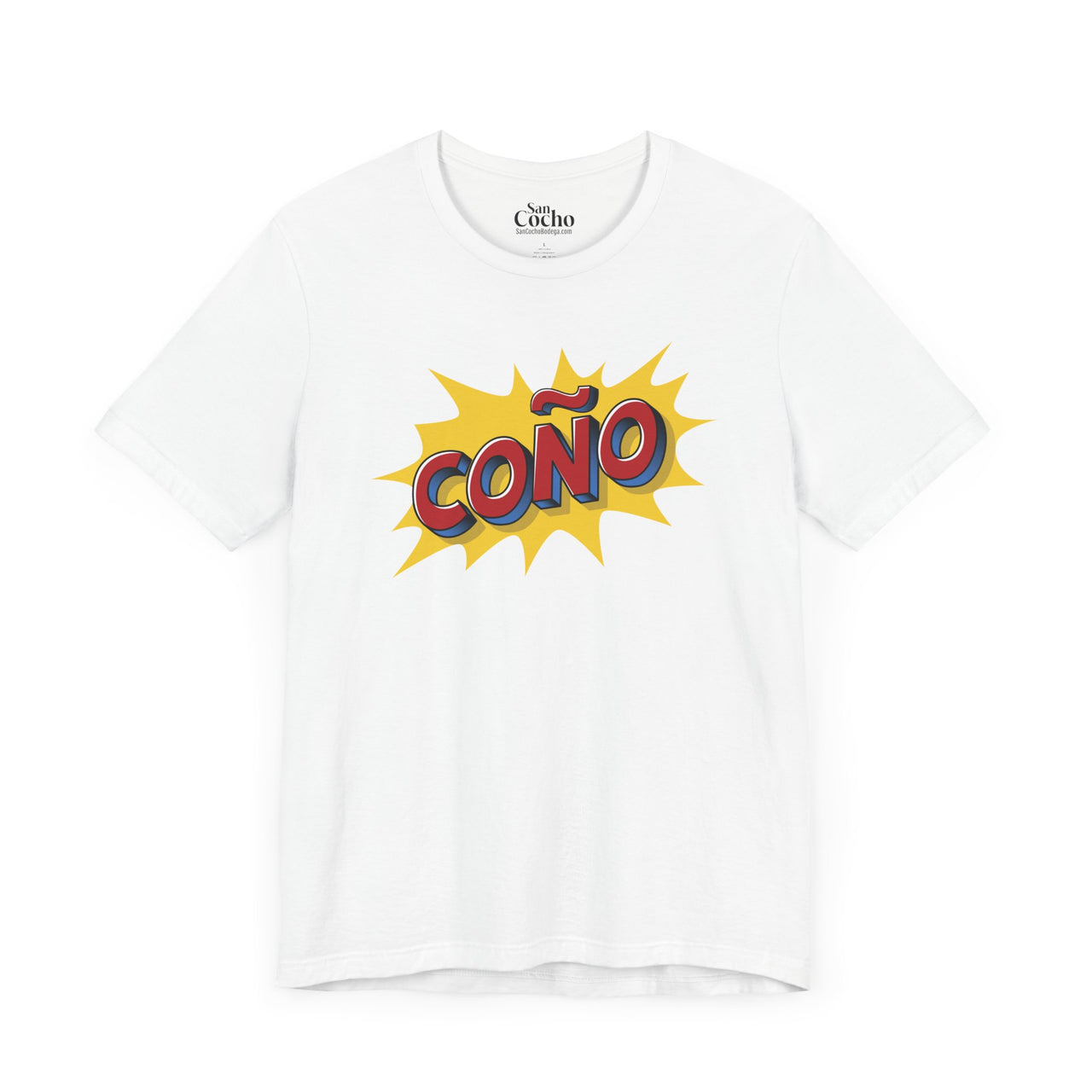 A white flat lay mockup of a graphic Bella Canvas 3001 graphic tshirt in comic book style with the words "Coño" on the front