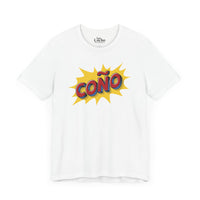 Thumbnail for A white flat lay mockup of a graphic Bella Canvas 3001 graphic tshirt in comic book style with the words 