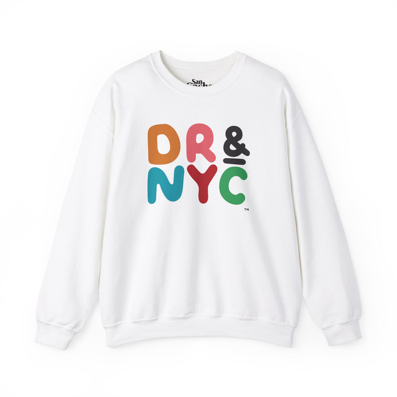 White Gildan 18000 graphic crew neck sweatshirt with the letters "DR & NYC" representing the Dominican Republic and New York City on the front