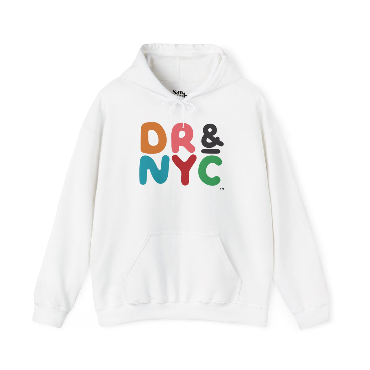 White Gildan 18500 graphic hoodie with the letters "DR & NYC" on the front