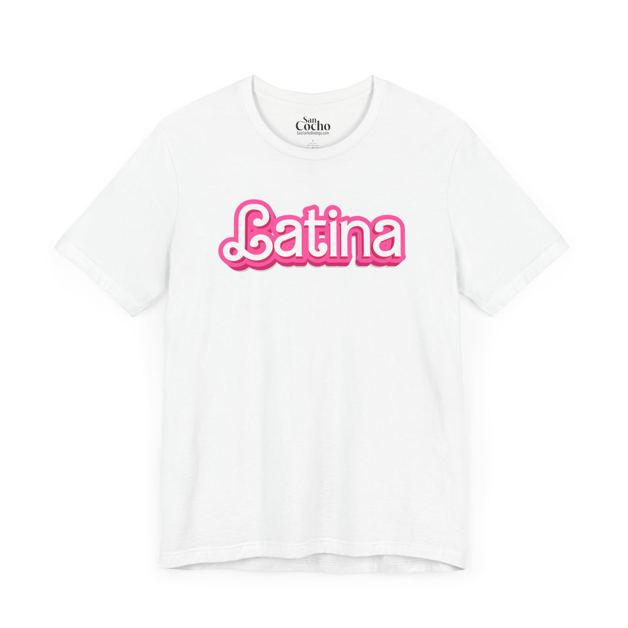 A white flat lay mockup of a graphic  Bella Canvas 3001 graphic tshirt with the words "Latina" in a barbie font on the front