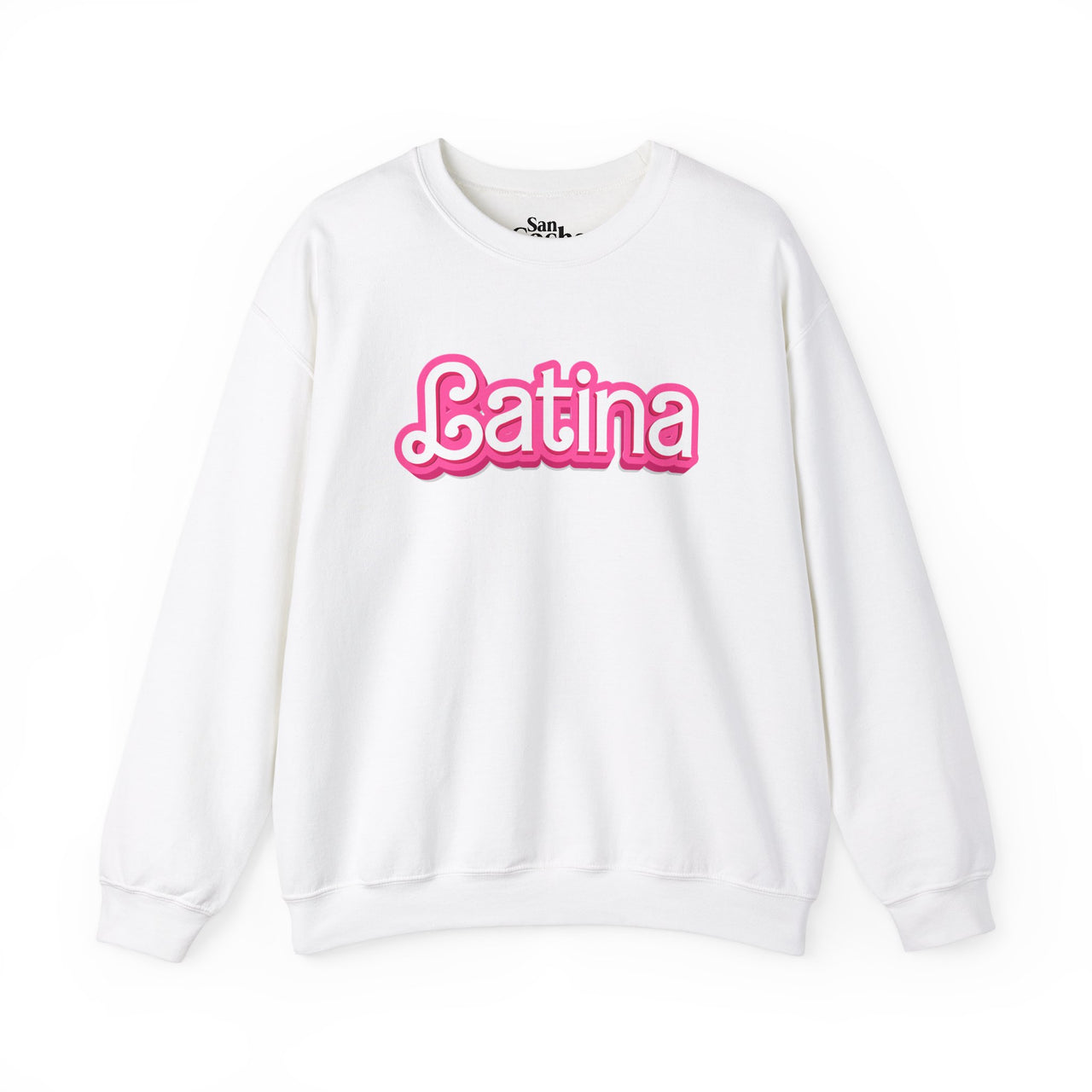 White Gildan 18000 graphic crew neck sweatshirt with the words "Latina" on the front in a Barbie font