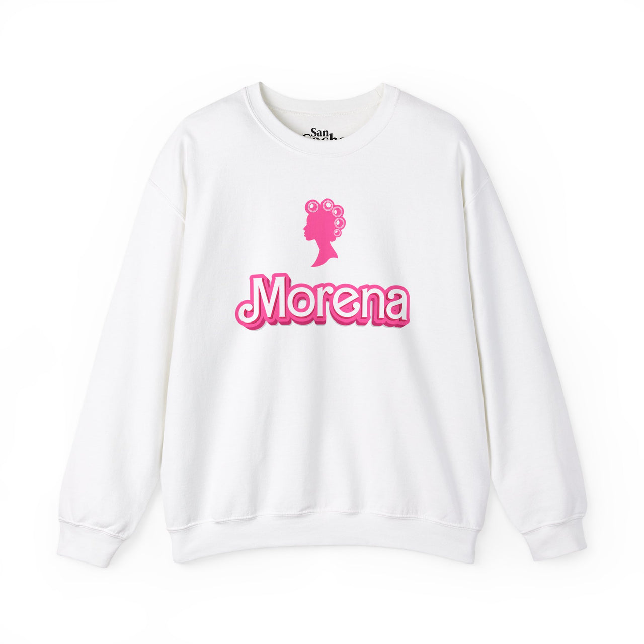 White Gildan 18000 graphic crew neck sweatshirt with a Barbie con Rollos graphic and the words "Morena" on the front