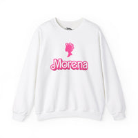 Thumbnail for White Gildan 18000 graphic crew neck sweatshirt with a Barbie con Rollos graphic and the words 