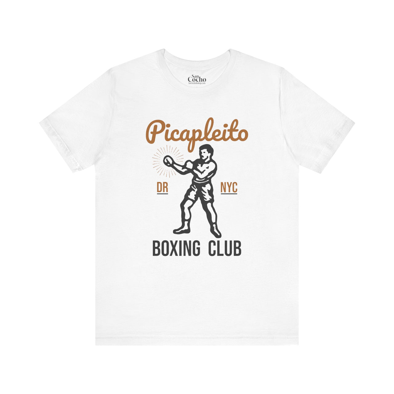 White Bella Canvas 3001 graphic tshirt with a vintage image of a guy in boxing gloves with the words "Picapleito DR NYC Boxing Club" on the front