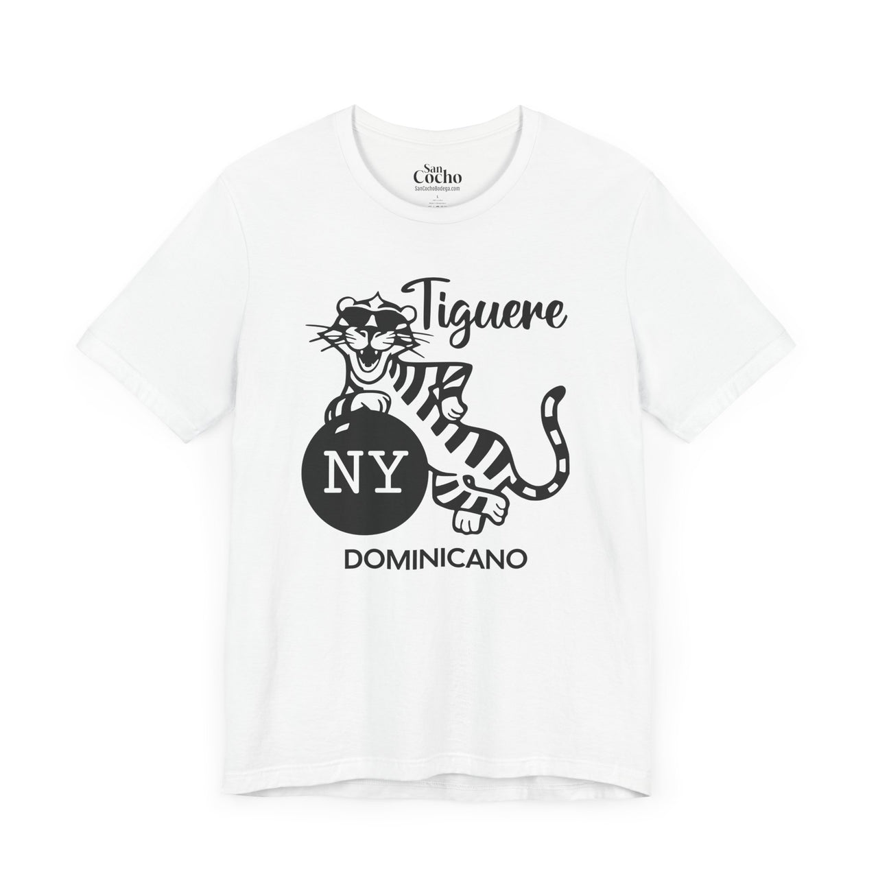 A white flat lay mockup of a  Bella Canvas 3001 graphic tshirt with a cartoon tiger and a bomb with the words "Tiguere NY Dominicano" on the front